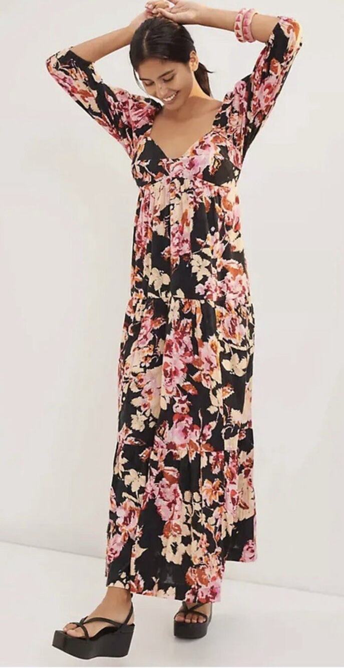 Anthropologie Blossom Black Floral Maxi Dress Puff Sleeves Romantic Boho Size XS
